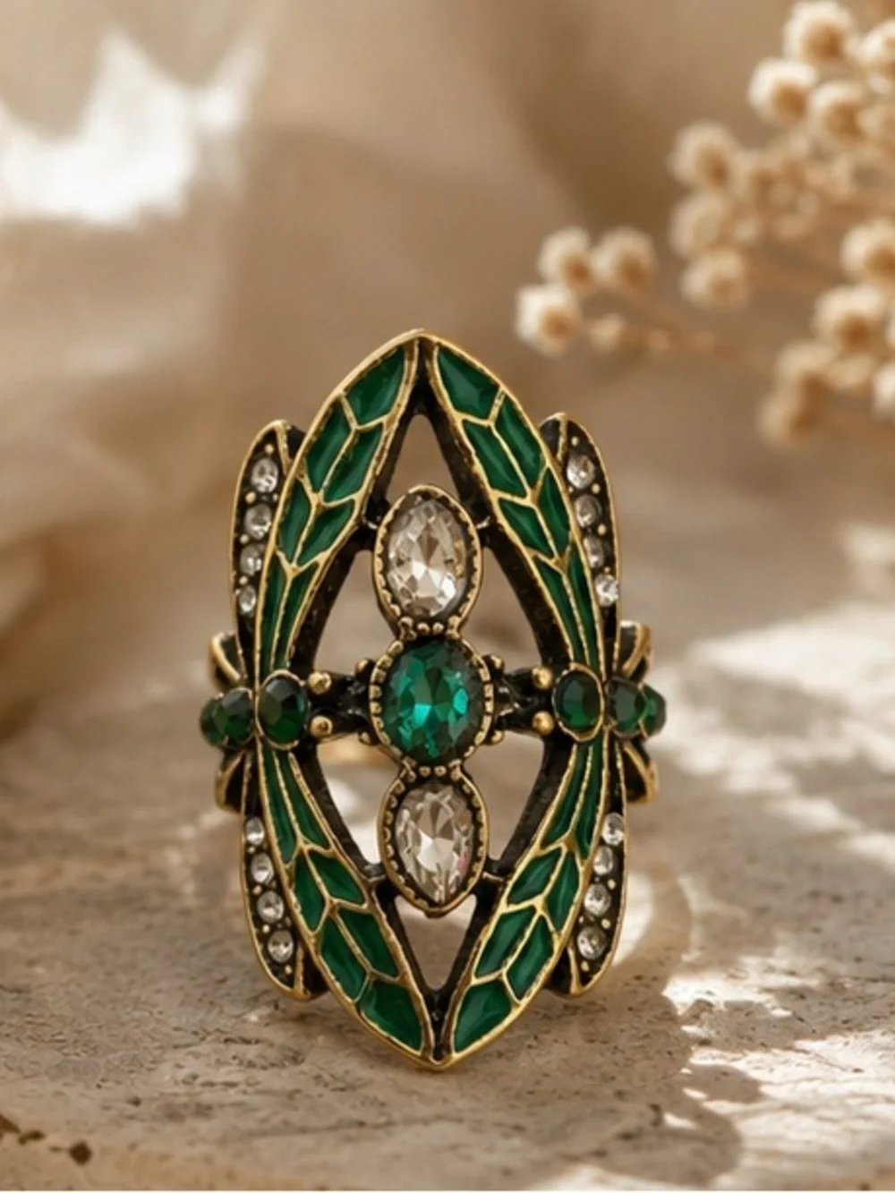 Vintage Boho Emerald Green Enamel Crystal Statement Cocktail Ring
